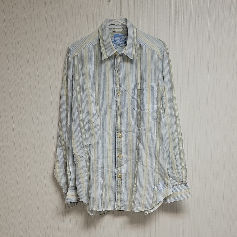 Tommy Bahama Green & Blue Striped Long Sleeve Linen Shirt, Men's Medium coastal